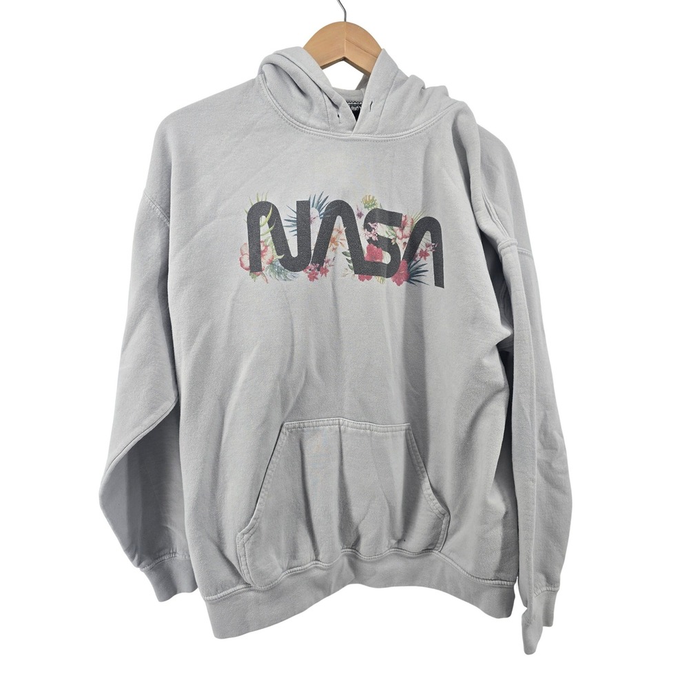 Riot Society NASA Hoodie Mens Large Gray Floral Logo Graphic Sweatshirt L